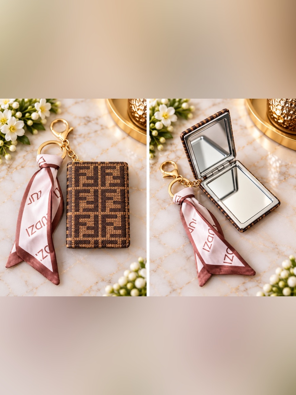 Brown & Tan Compact Mirror Keyring with Pink Scarf